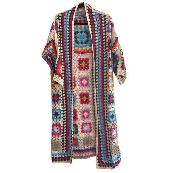 POL Sweaters - POL Crochet Knit One Size Duster Cardigan Open-Front Colorful Granny Square